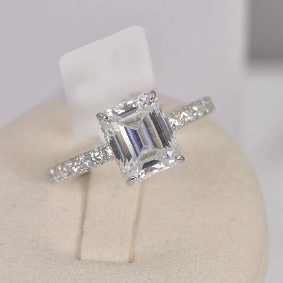 Certified 4.6ct Emerald Cut with Hidden Halo Moissanite Ring 925 Sterling - Picture 7 of 16